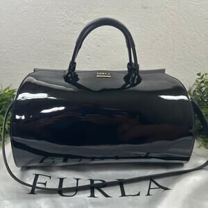 Furla Candy Black Glossy PVC Boston Barrel Satchel Bag